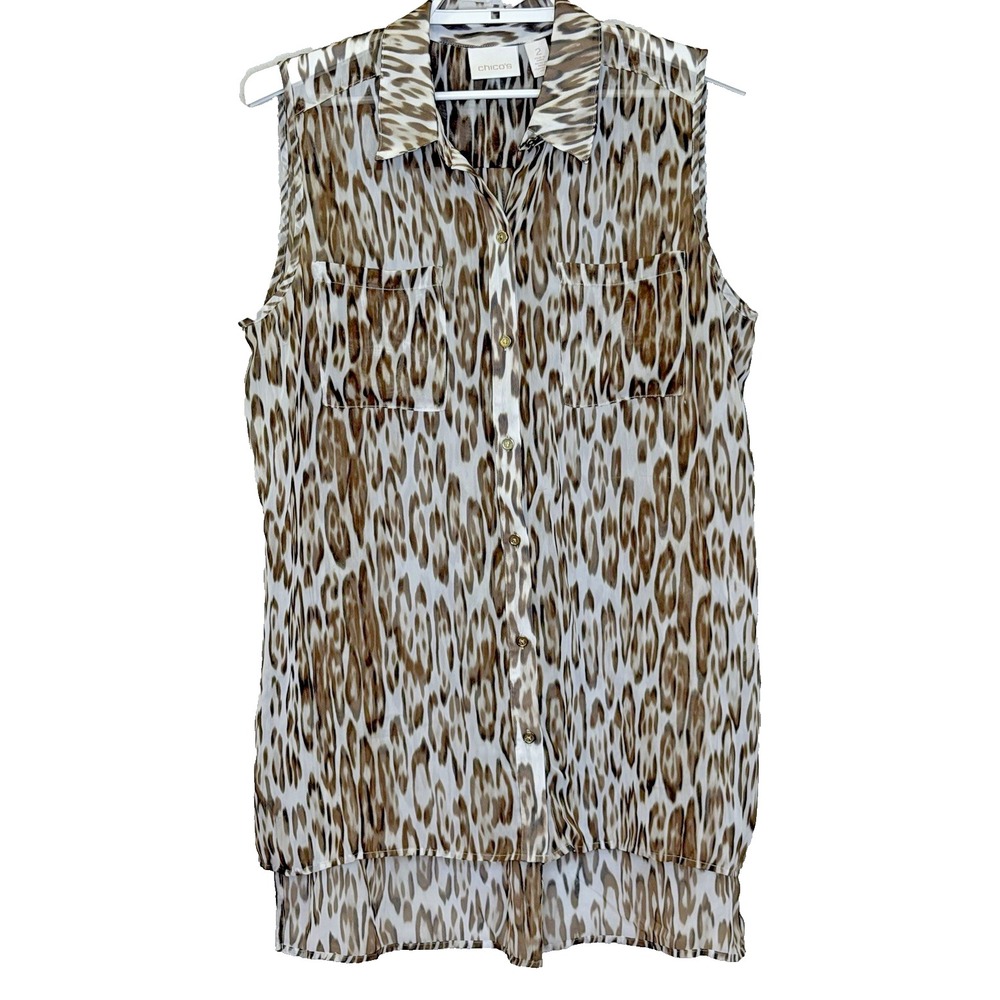 Chico's Tunic Button Front Tunic Top 2 US Large Animal Print Sleeveless Collared